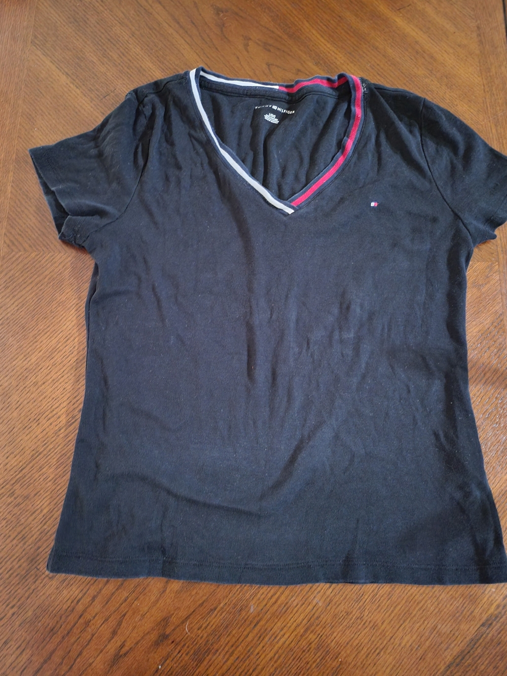 Tommy Hilfiger Black V-Neck Tee with Red & White Trim